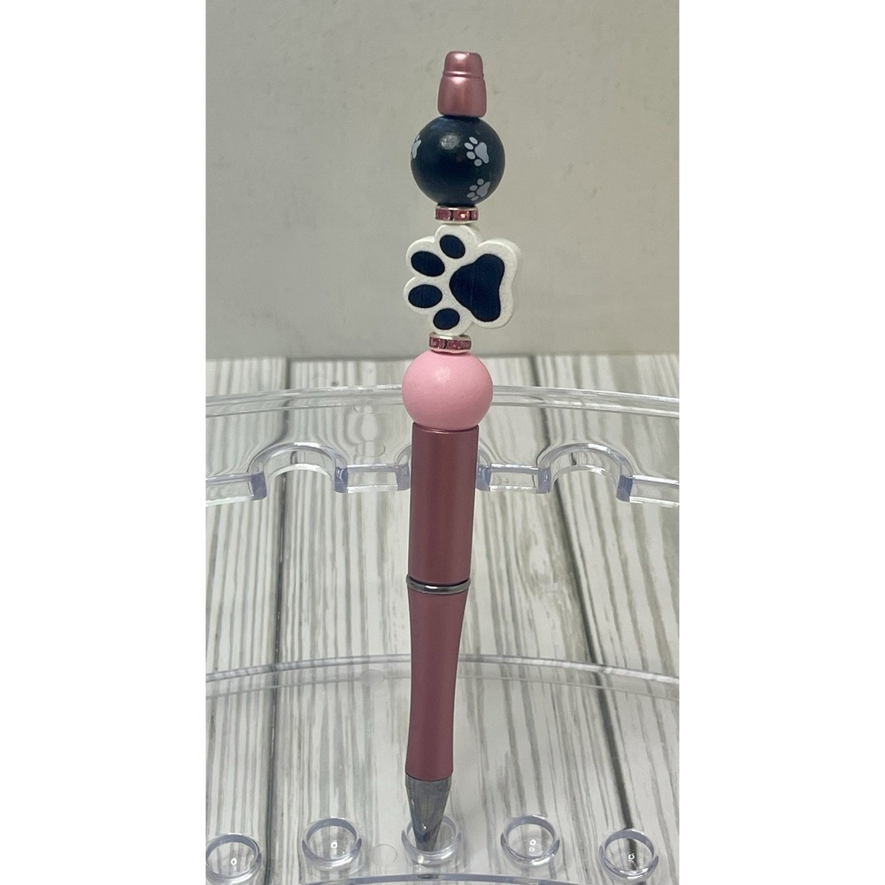 Pink And Black Paw Print Beaded Pen Black Ink